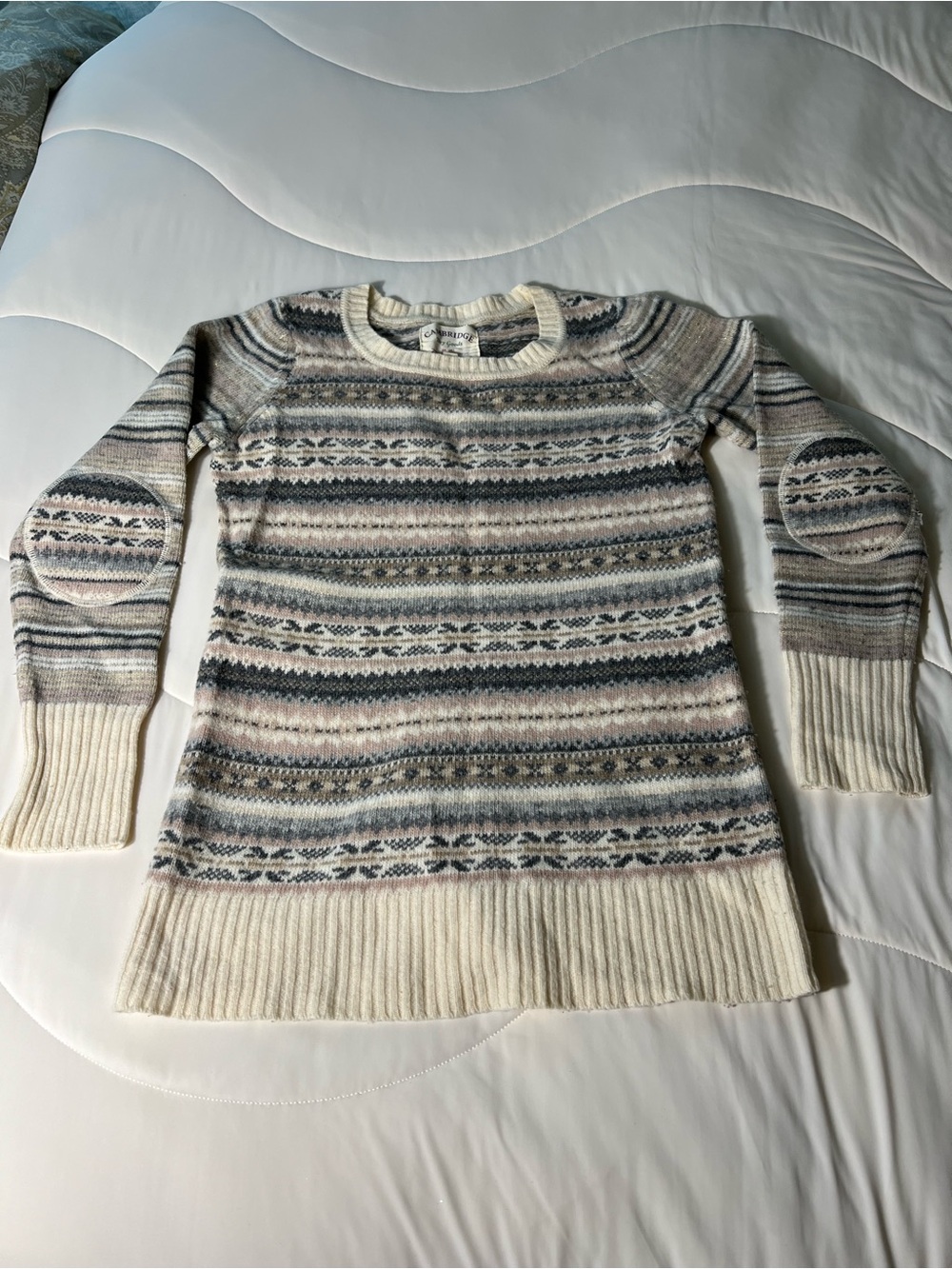 Dry Goods Cream Fair Isle Crewneck Sweater with Gray and Pink Accents